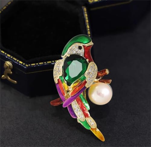 Image of Vintage CZ Shell Pearl Colorful Parrot Brooch Pin for Women Girls Enamel Rhinestone Pearl Animal Bird Brooches Lapel Pins Spring Ornament Dress Accessories Delicacy Jewelry