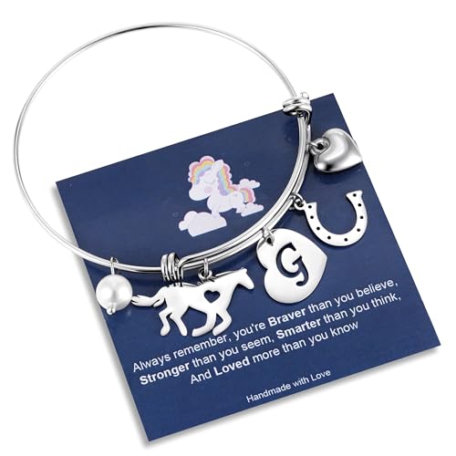 Image of C-leen Horse Gifts for Women Girls Kids, 14K White Gold Plated Horse Charm Bracelet Dainty Expandable Heart Initial Bangle Bracelets Birthday Gifts for Women Girls Jewelry