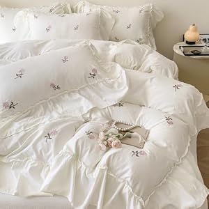 Lanqinglv Beddengoed 135 x 200 cm, wit-roze, bloemen met ruches, romantisch borduurwerk, beddengoedset, microvezel, Oeko-Tex beddengoedset, dekbedovertrek van 135 x 200 cm en 1 kussensloop van 80 x 80