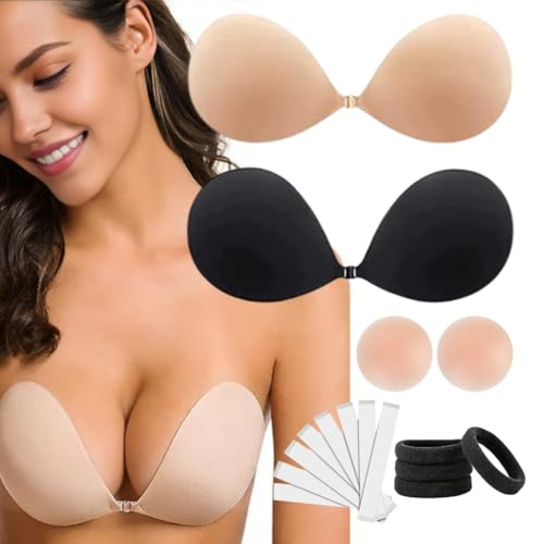 2 Pack Invisible Sticky Adhesive Bra Clothing Tape Strapless Reusable Push Up Backless Hair Bands Nipple Covers Seamless Stick On Bra (US, Cup Band, DD)