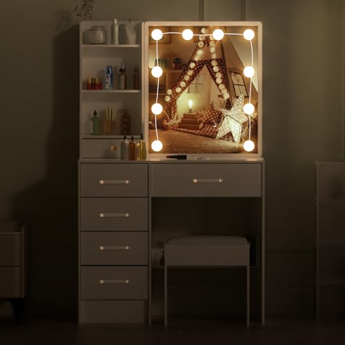 Tocador con espejo y luces LED regulables para dormitorio blanco 80cm 8
