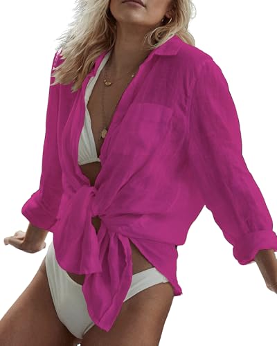 Image of Bsubseach Women Long Sleeve Beach Shirt Blouses Bathing Suit Cover Up Button Down Collar