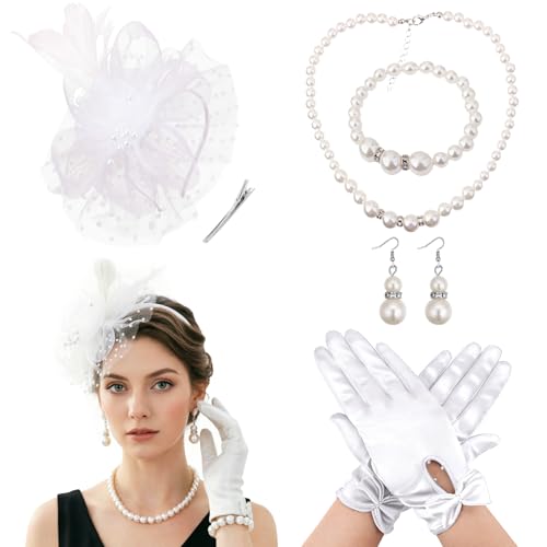 Image of DRESHOW Fascinators Hats for Women Tea Party Gloves Set Tulle Fascinators Vintage Derby Headwear and Short Lace Gloves for Cocktail Wedding Church