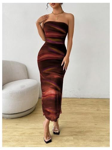 Image of Milumia Women's Tie Dye Strapless Maxi Dress Mesh Split Bodycon Vacation Long Tube Dresses