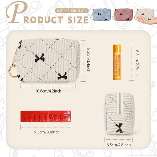 Mini Makeup Bag, Corduroy Small Cosmetic Bag for Purse with Ring Buckle, Bow Tie Travel Makeup Pouch for Lipsticks, Chapsticks, Coin, Earphone, Credit Card (Beige)2