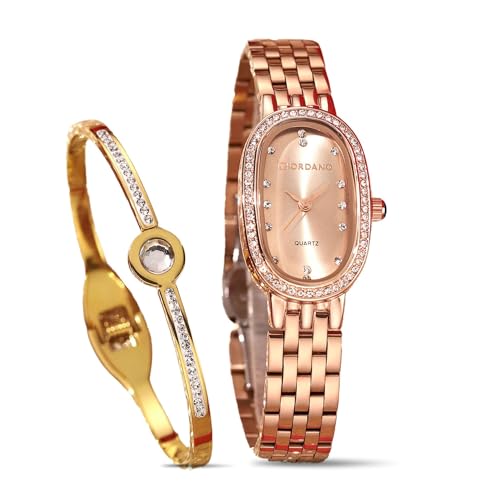 Giordano Analog Quartz Watch for Women with Bangle Oval Rose Gold Dial, Blue Crown, Crystal Studded Hour Markers and Bezel, Rose Gold Stainless Steel Strap - GZ-60153-22