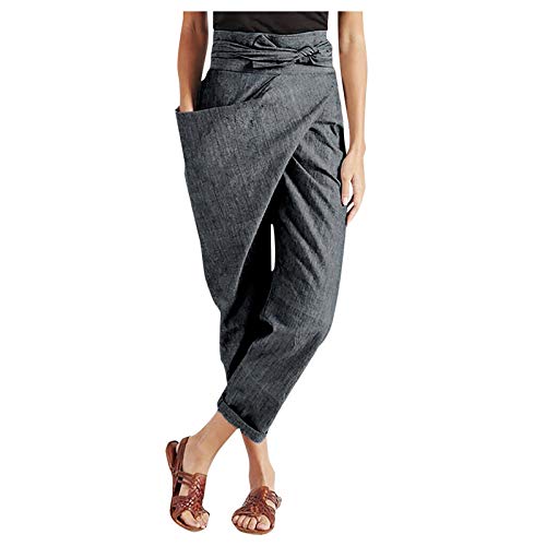 Women Pants High Waist with Tie One Side Large Pockets Solid Casual Comfort Loose Straight Leg Loose Fitting (Grey, L)