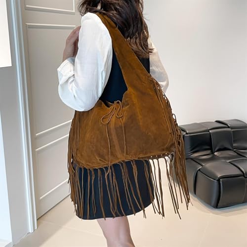 Slouchy Large Tassels Suede Shoulder Bags for Women Retro Handbag Winter Tote Purses4