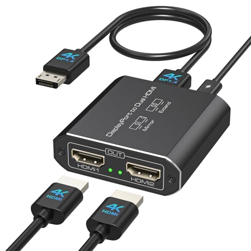 JCYMELE 4K@60Hz Displayport a Dual HDMI Adaptador Display Port a 2 HDMI Splitter Extendido para 2 Monitores para Tarjetas Gráficas de Ordenador Soporte MST y SST Modo