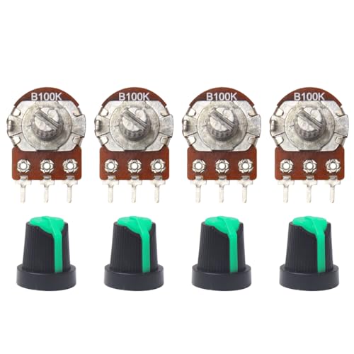 Image of Electronic Spices 100K 3 Pin Round Shaft Rotary Potentiometer Volume Pot 100K with Knob for Multiple Applications (Pack of 4)