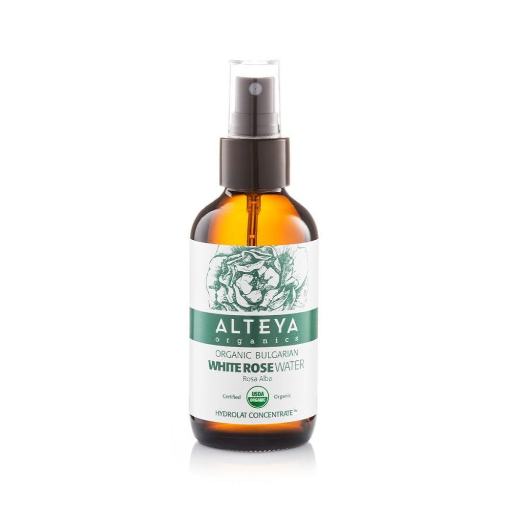Alteya Organics Weißes Rosenwasser Spray Glassflasche 120ml – 100% USDA Organic-zertifiziert, dampfdestilliertes Rosenwasser aus Alba-Rosen