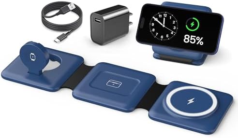 Iseyyox Charging Station for Apple Devices - 3 in 1 Magnetic Foldable Wireless Charger Dock - Travel Charging Pad for MagSafe iPhone 16 15 14 13 12 Pro Max Plus Watch & Airpods