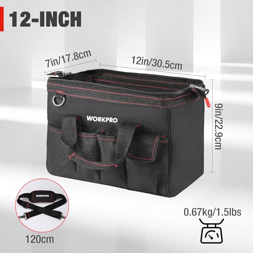 Workpro W081020A Close Top Wide Mouth Storage Tool Bag, ,Black&red,12-inch