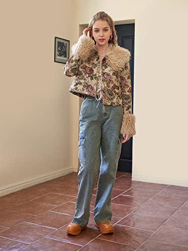 Jackets For Women Fuzzy Collar Floral Jacket Women's Jackets (Color : Multicolor, Size : Large) #TOP3