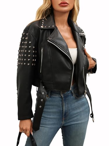 LY VAREY LIN Women's Rivet Studded Faux Leather Cropped Moto