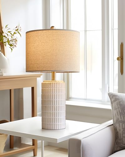 Image of PoKat 23'' Bedside Table Lamp for Bedroom Nightstands, Modern Ceramic Decor | White Desk Lamp, Nickel Pole, House Warming & Birthday Gifts, for Women Mom, Ideal Table Light for End Table & Living Room