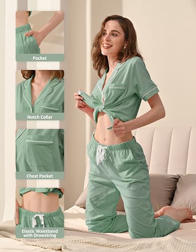Image of NAP BOUND 100% Cotton Women's Pajama Sets Short Sleeve Button Down Soft Pjs 2 Piece Lounge Set with Pocket Nightwear XS-XXL