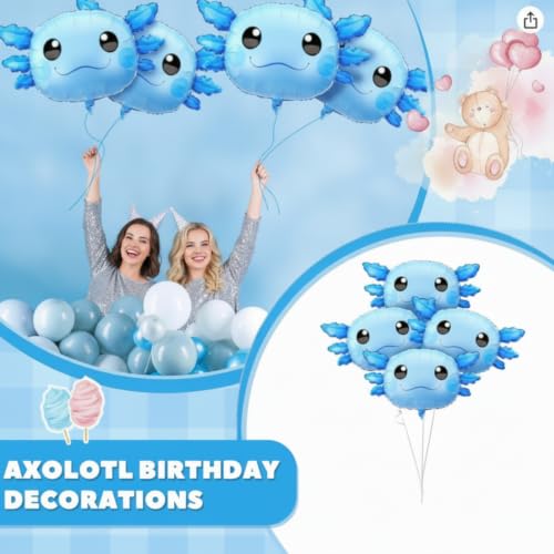 Image of 6 Pcs 34 Inch Axolotl Balloon Axolotl Birthday Party Decorations Aluminum Foil Inflatable Summer Supplies for Beach Themed Favor (Blue)