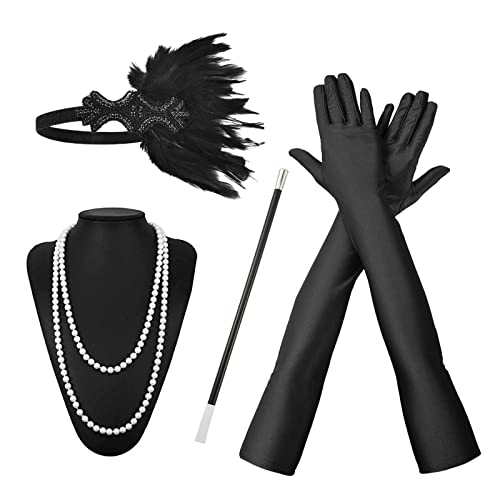 MIVAIUN 4 Pcs Accessoire Gatsby Femme, Accessoire Annee 20, Bandeau, Gants Longs Noirs en Satin, Collier, Boucles d'oreilles Bracelet et Porte, Gatsby Costume Accessoires, Taille Unique (Set B) Cover