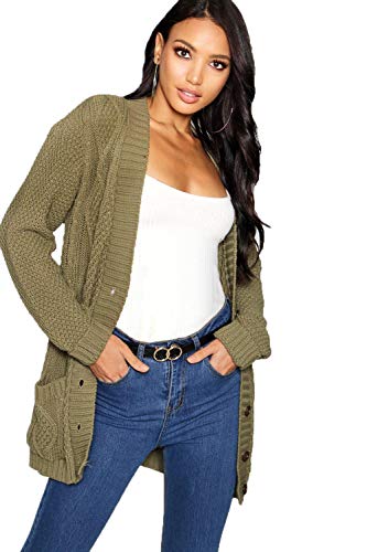 OgLuxe Women's Ladies Long Sleeve Pocket Cable Knit Chunky Cardigan Size 6-24