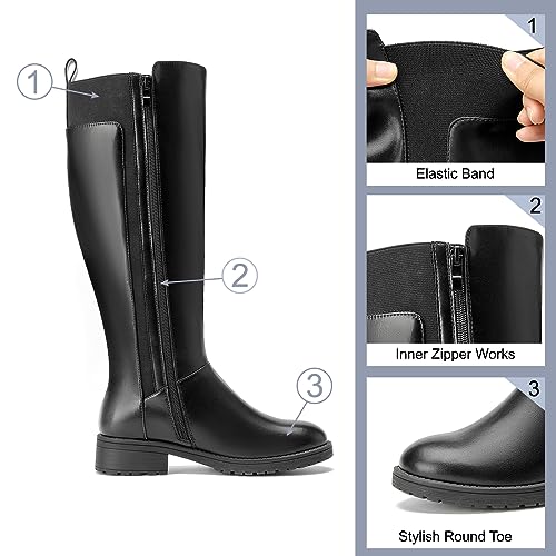 Women's Flat Low Heel Knee High Boot Fashion Extra Wide Calf Boots Side Zip Stretch Winter Booties4