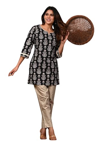 Image of Rimeline Women's Floral Printed Cotton Kurti Top | Round Notch Neck 3 /4 Sleeve Straight Fit Casual Tunic