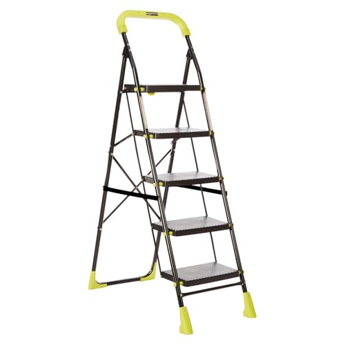 Image of Amazon Basics Dynamo - Foldable Step Ladder, Safety Clutch Lock, Anti Slip Steps, Knee Guard, Anti Skid PVC Shoes, 5 Steps (Steel, Black & Lime Green)
