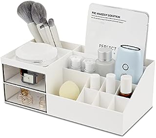 NWK Makeup Organiser Large Cosmetic Brush Holder Display Storage Box Bag Bathroom Dresser Desk Office Storage Organizer with 2 Drawers and 11 Compartments(with drawers, White)