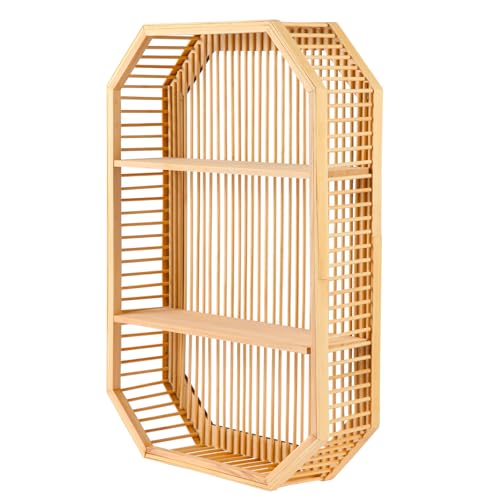 TOEEBR Square Floating Wall Shelf Decor, 2 Tier Bamboo Wall Mounted Display Storage Hanging Shelves...