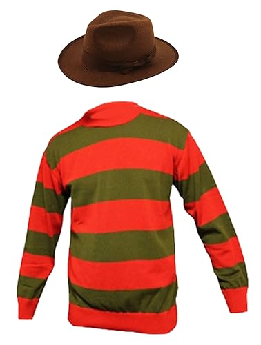 Conjunto de disfraz de Freddy Krueger para hombre, diseño de rayas, color rojo y verde (XL)