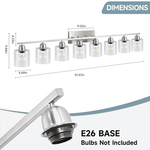 Image of Modern Brushed Nickel 8 Light Bathroom Light Fixtures,52 inch Vanity Lights for Bathroom with Clear Glass, Bathroom Light Fixture for Mirror Kitchen Living Room Hallway Cabinet Porch
