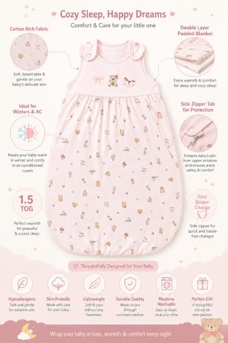 Image of TuddyBuddy Baby Cotton Wearable Quilted Sleeping Bag Blanket 1.5 Tog with 1 Way Zipper Closure | Ideal for Babies & Kids Hypoallergenic Fabrics | (Frock Style - Baby Pink, 6-12 Months)