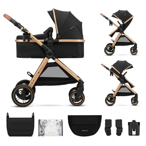 Kinderkraft ESME 2-in-1 Kinderwagen bis 25 kg, Babywanne & Sportsitz, Travel System mit Adaptern, große gefederte TPE-Räder, komplett mit Zubehör, kompakt faltbar, Schwarz