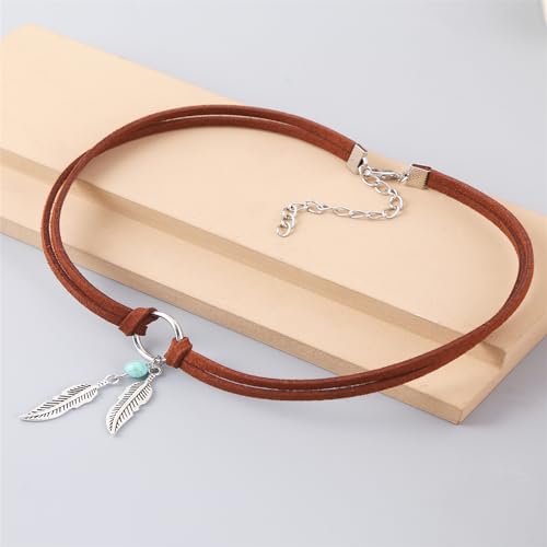 Boho Feather Turquoise Leather Choker Necklace for Women Bohemian Handmade Leaf Layered Black Brown Suede Cowgirl Cowboy Necklace for Western Style Country Party Trendy Jewelry Gifts (Brown)3