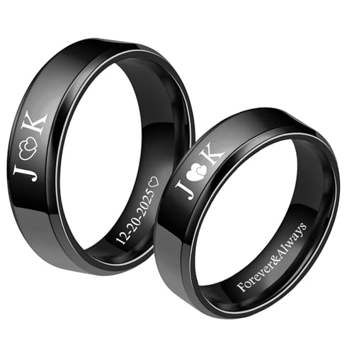 SEKECHIKU Personalized Matching Rings for Couples 2PCS Stainless Steel Couples Rings for Him and Her Set Engraved Promise Ring for Women Men Valentine's Day Birthday Anniversary Wedding Gift