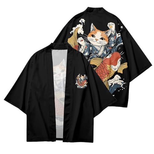 Image of DOSLAVIDA Men's Japanese Kimono Cardigan Suit Chinese Style Printed Jacket Pants Set Open Front Seven Sleeve Top & Shorts