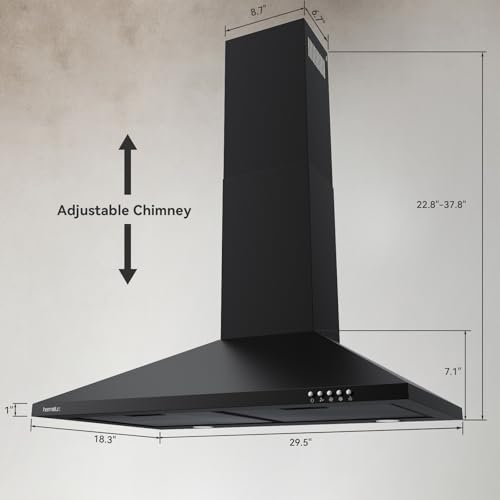 Image of Hermitlux 30 inch Wall Mount Range Hood, Vent Hood for Kitchen with Charcoal Filter, Ducted /Ductless Convertible，Black