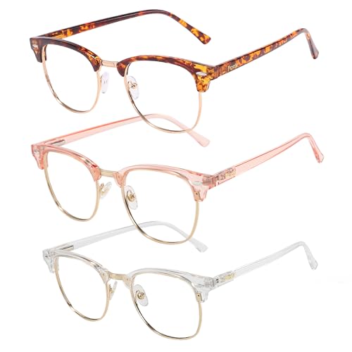 Image of Przene Blue Light Blocking Glasses for Men Women Retro Round Semi Rimless UV400 Computer Eyewear 3-Pack Pink /leopard /transparent