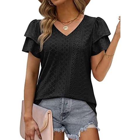 T Shirts for Women Loose Fit Puff Short Sleeve Tops Flowy Tshirts Black XXL Cover