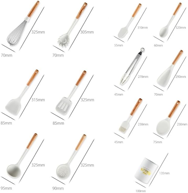 12 Piece Kitchen Tool Set with A Milky White Wooden Handle Silicone Kitchenware