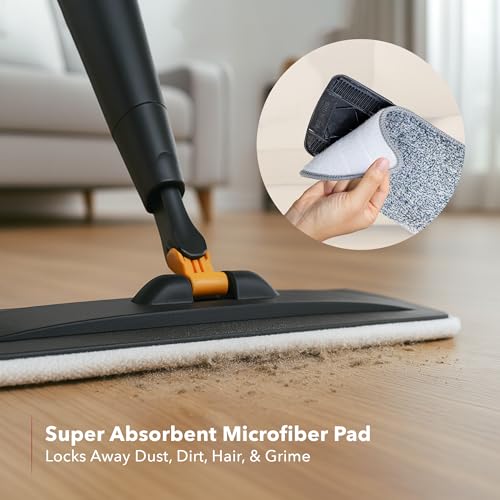 Image of OVENTE Microfiber Spray Mop with 650ml Refillable Bottle, Black CTM121BGD | Absorbent Microfiber Pad, Washable & Reusable Pad, 360 Spin Flat Wet Scrubber for Hardwood, Ceramic, Laminate & Vinyl Tiles