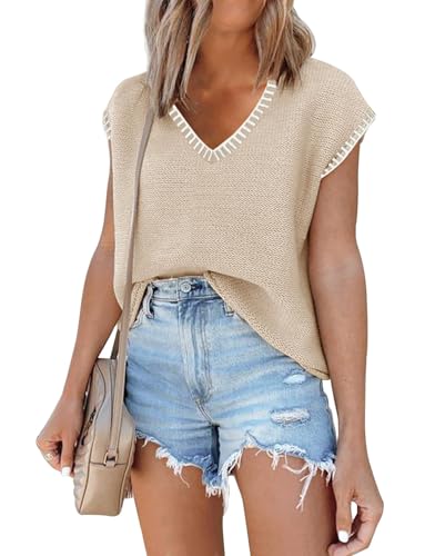 Image of SAUKOLE Women's Sweater Vest Casual V Neck Cap Sleeve Knit Pullover Tops | 2026 Spring Clothes, Soft Knit Shirts, Short Sleeves T-shirts, Tunic Blouses, Sweater Tank Tops