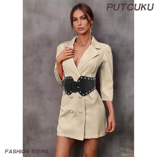 Women's Wide Waist Belt Vintage Elastic Waistband O Ring Buckle Leather Belts for Jeans Dresses2