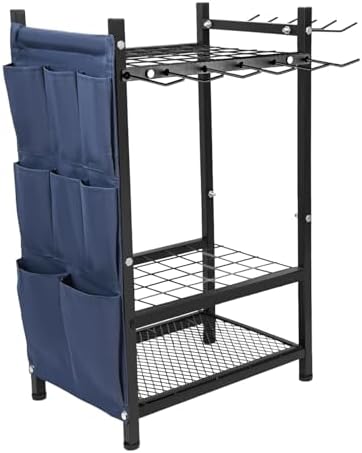 heavy duty garden tool rack with hooks and storage pockets for long handled tools