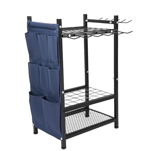 SAMRELAX Garden Tool Rack Freestanding, Heavy Duty Garden Tool Organizer, 3-tier Tool Rack, Multifunctional Yard Tool Storage with Hooks and Storage pockets for Outdoor Long-Handled Broom Shovel Rake