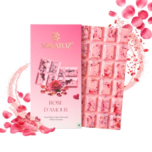 Image of XOKATOZ Exotic Premium Couverture Belgian Chocolate - 1 Rose D'Amour Flavour - Flavoured White Chocolate Bars - Gift Set - Pack of 1, 75 gm (75 gm x 1)