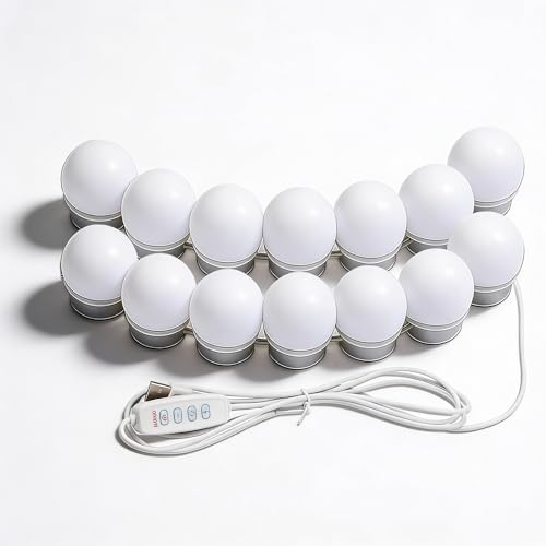 14 Bulbs LED Hollywood Mirror Lights – USB Vanity Light Kit with 3 Colour Modes, Dimmable Stick-On Makeup Mirror Lighting for Dressing Table, Bathroom, Bedroom or Beauty Routine