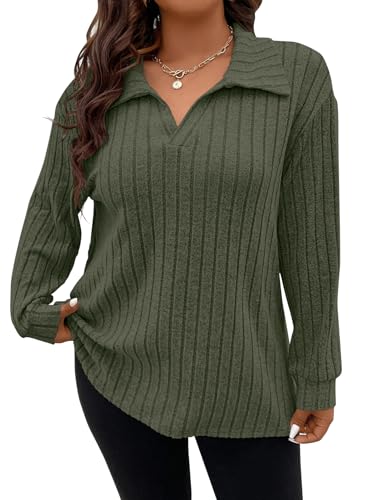 Image of Koscacy Women Plus Size Casual Knit Sweater Lapel V Neck Solid Color Tops Lightweight Long Sleeve Blouses