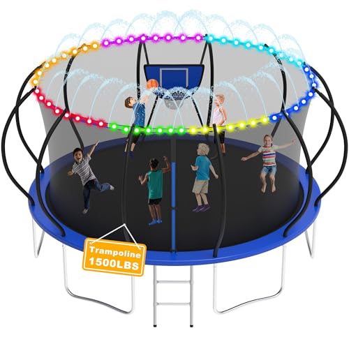1500LBS Tranpoline Outdoor 8 10 12 14 16FT Tranpoline for Kids and Adults,【Easy to Install & Built to Last】 Recreational Tranpolines with Net, Light+Sprinkler, Basketball Hoop, ASTM Approved