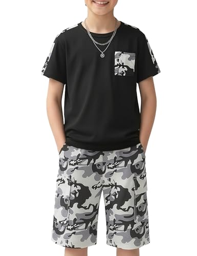 mksodopy Boys Summer Outfit Set 2 Piece T Shirt and Camo Shorts Casual Clothes for Little Big Boys 5-16